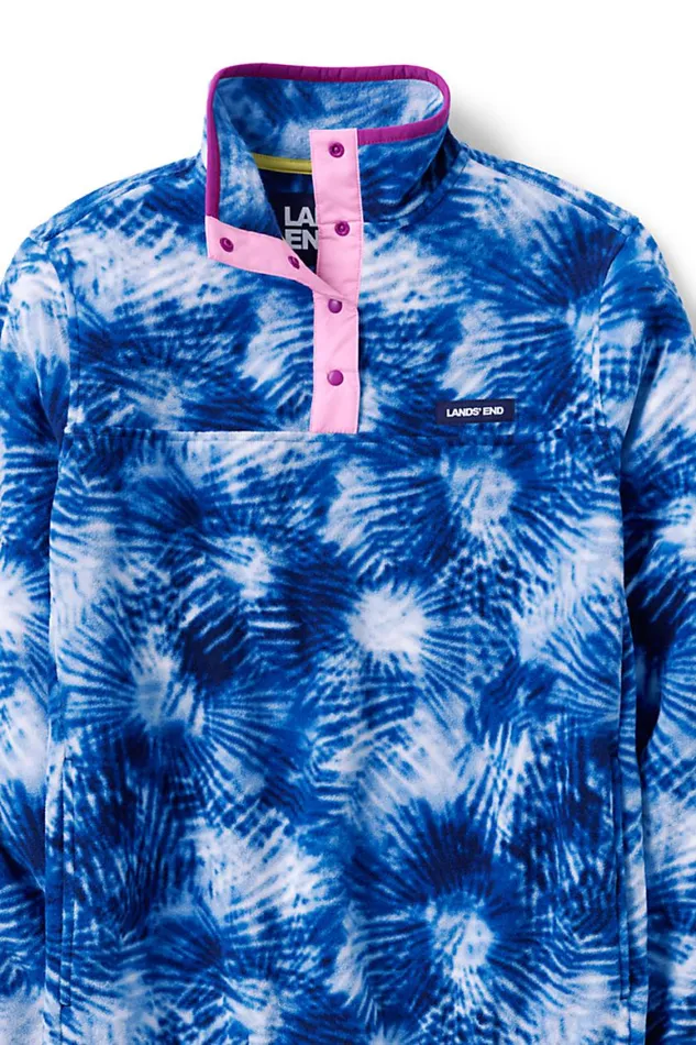 Lands039 End Tops and Tees Women Heritage Fleece Snap Neck Pullover Top Deep Sea Navy Tie Dye Palm