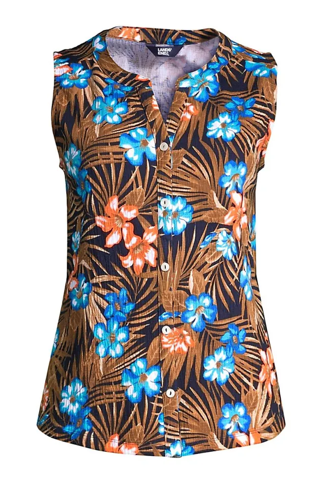 Lands039 End Tops and Tees Women Knit Crinkle Knit Button Front Tank Deep Sea Navy Tropic Palm Lands039 End Tops and Tees Women Knit Crinkle Knit Button Front Tank Deep Sea Navy Tropic Palm
