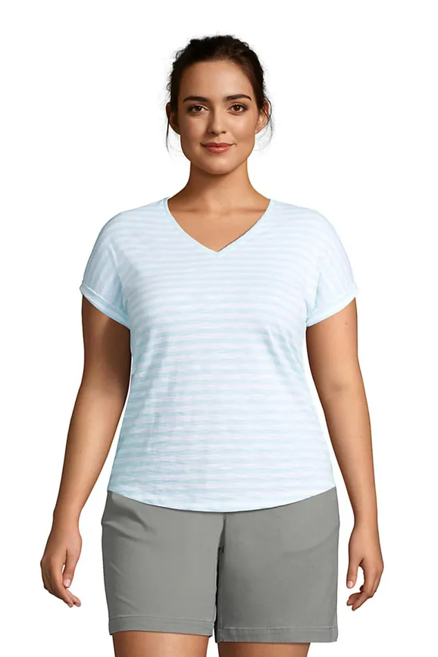 Lands039 End Tops and Tees Women Plus Size Slub Jersey Short Sleeve Vneck Tshirt Light Blue Radiance Stripe