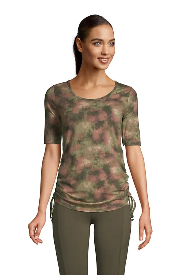 Lands039 End Tops and Tees Women Power Performance Elbow Sleeve Drawstring Top Print Forest Moss Camo Tie Dye Lands039 End Tops and Tees Women Power Performance Elbow Sleeve Drawstring Top Print Forest Moss Camo Tie Dye