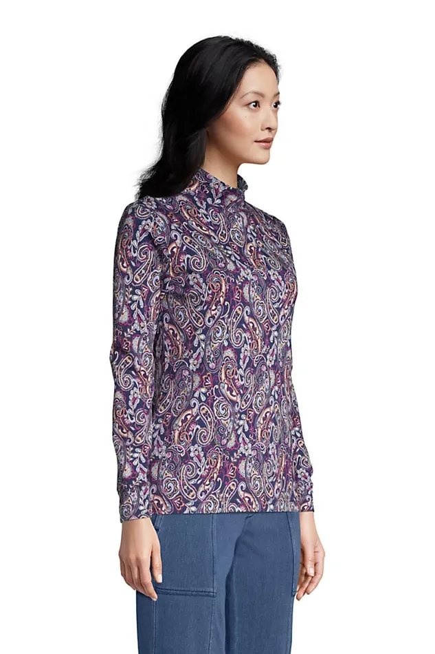 Lands039 End Tops and Tees Women Relaxed Cotton Long Sleeve Mock Turtleneck Print Deep Sea Navy Paisley