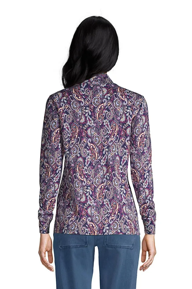 Lands039 End Tops and Tees Women Relaxed Cotton Long Sleeve Mock Turtleneck Print Deep Sea Navy Paisley