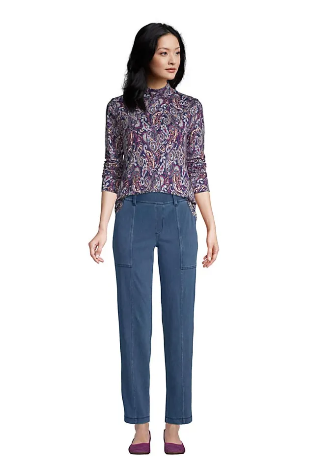 Lands039 End Tops and Tees Women Relaxed Cotton Long Sleeve Mock Turtleneck Print Deep Sea Navy Paisley