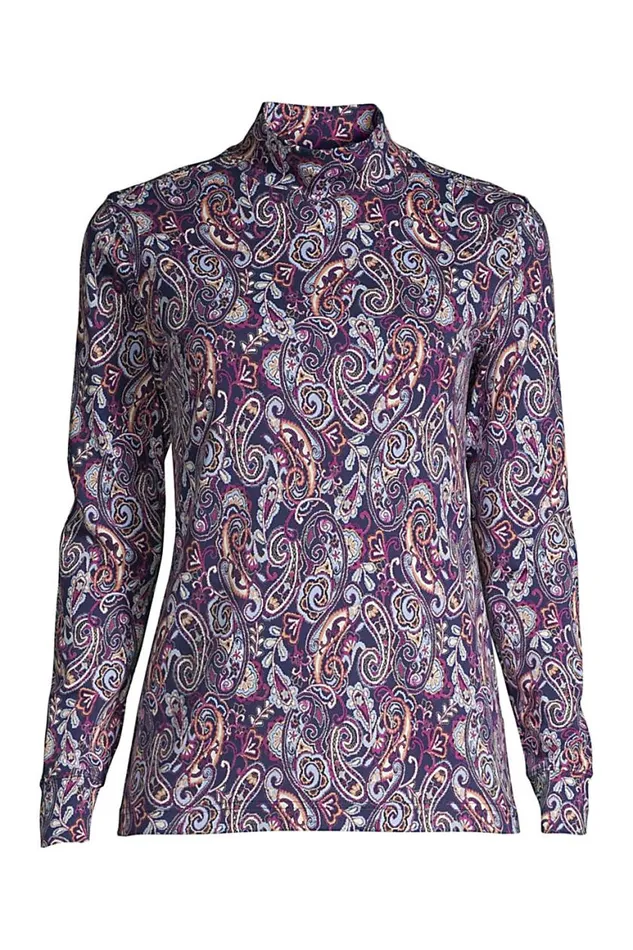 Lands039 End Tops and Tees Women Relaxed Cotton Long Sleeve Mock Turtleneck Print Deep Sea Navy Paisley
