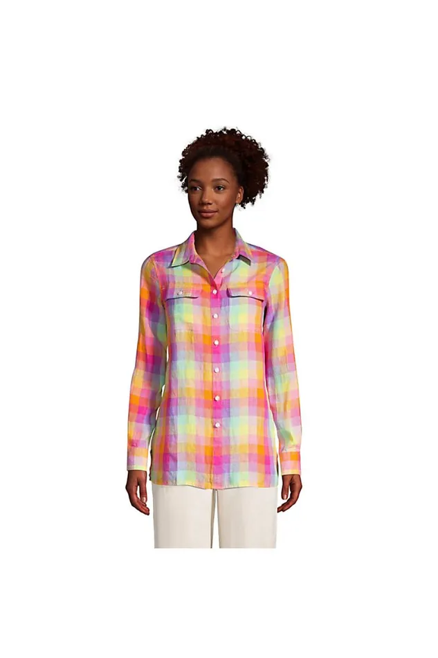 Lands039 End Tunic Tops Women Linen Button Front Utility Tunic Top Multi Rainbow Check Lands039 End Tunic Tops Women Linen Button Front Utility Tunic Top Multi Rainbow Check