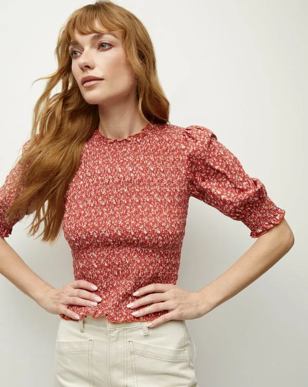 Langston Smocked Top Brick Redandwhite Women Veronica Beard Tops
