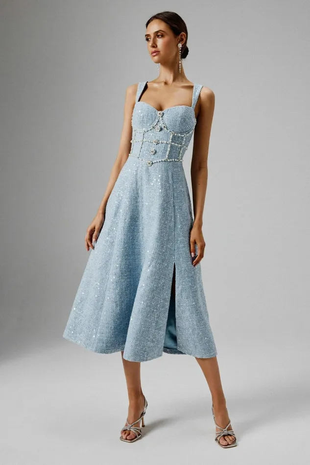 Lavish Alice ALine Dresses KIRA Pearl Embellished Boucle A Line Dress In Blue Blue 8211 Women Lavish Alice ALine Dresses KIRA Pearl Embellished Boucle A Line Dress In Blue Blue 8211 Women