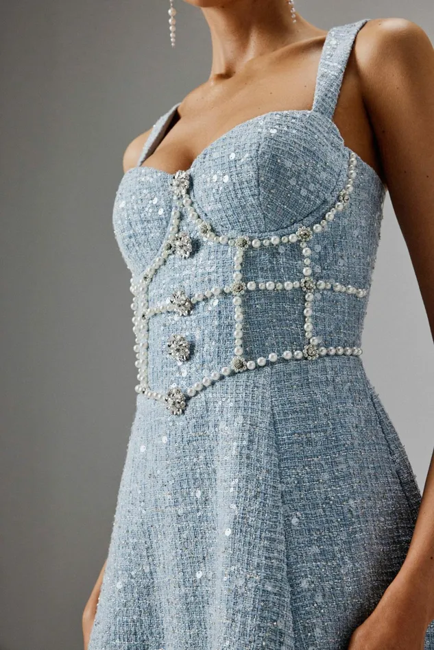 Lavish Alice ALine Dresses KIRA Pearl Embellished Boucle A Line Dress In Blue Blue 8211 Women