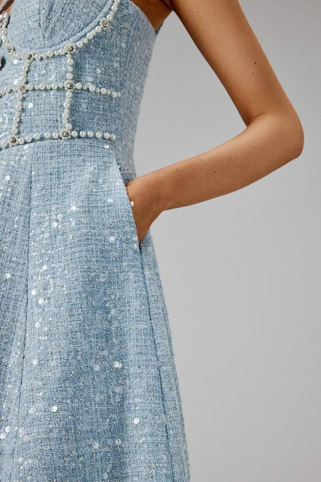 Lavish Alice ALine Dresses KIRA Pearl Embellished Boucle A Line Dress In Blue Blue 8211 Women