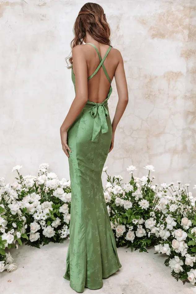 Lavish Alice Backless Dresses DANIELLA Satin Jaquard Cowl Neck Maxi Dress In Green Green 8211 Women