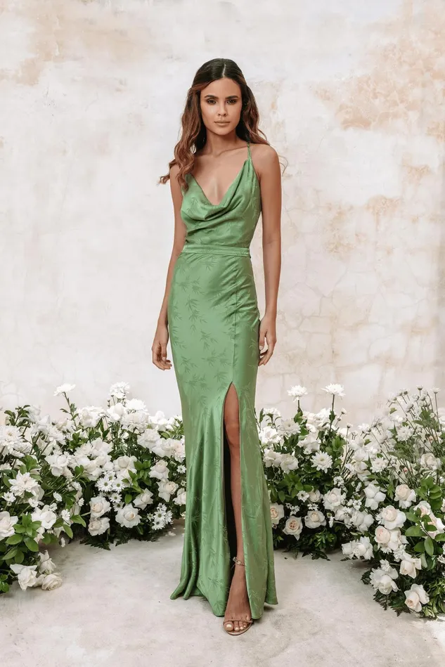 Lavish Alice Backless Dresses DANIELLA Satin Jaquard Cowl Neck Maxi Dress In Green Green 8211 Women