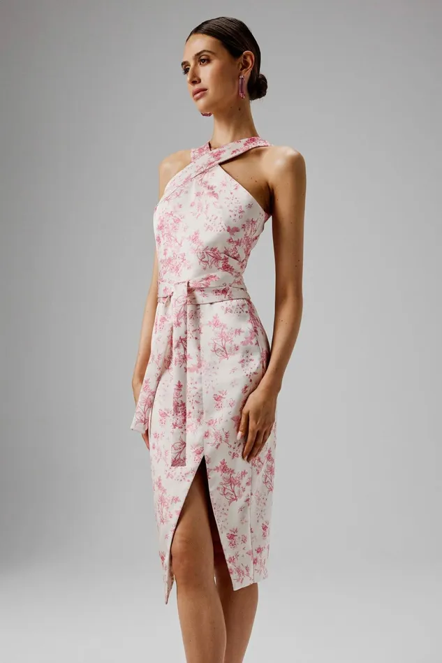 Lavish Alice Belted Dresses BRIELLE Bonded Satin Obi Belted Halterneck Midi Dress In Pink Porcelain Pink Porcelai 8211 Women