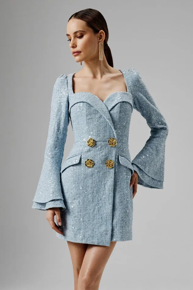 Lavish Alice Blazer Dresses REBECCAH Oversized Rose Button Boucle Blazer Mini Dress In Blue Blue 8211 Women Lavish Alice Blazer Dresses REBECCAH Oversized Rose Button Boucle Blazer Mini Dress In Blue Blue 8211 Women