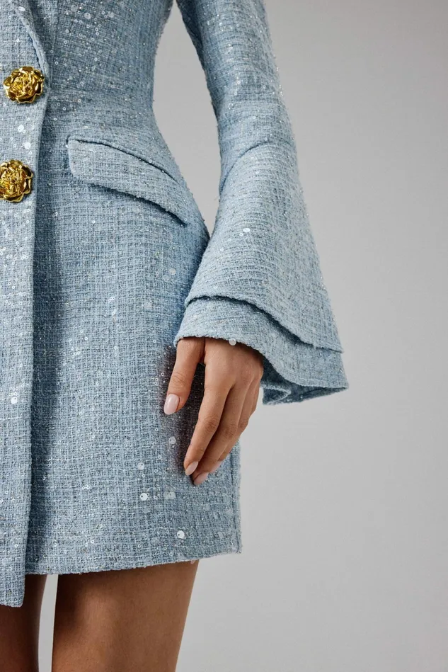 Lavish Alice Blazer Dresses REBECCAH Oversized Rose Button Boucle Blazer Mini Dress In Blue Blue 8211 Women