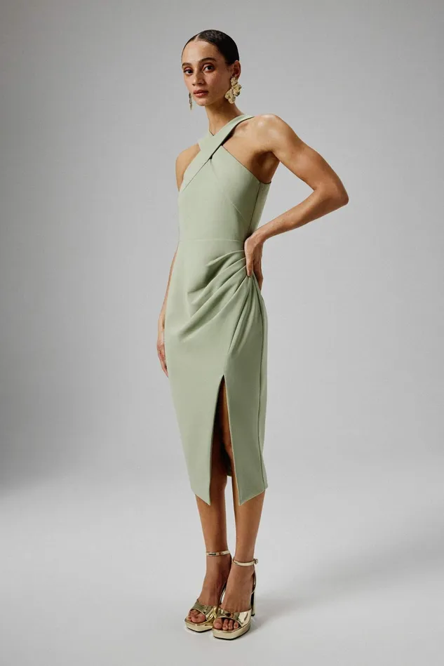 Lavish Alice Bodycon Dresses LENA Wrap Halterneck Midi Dress In Sage Green Sage Green 8211 Women