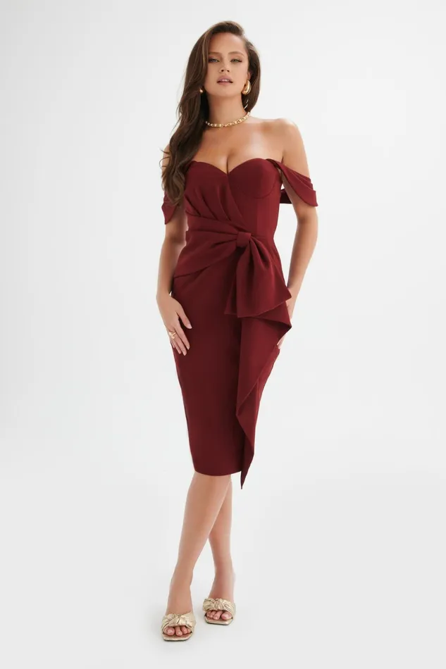 Lavish Alice Bow Dresses LORI Off Shoulder Bow Detail Midi Dress In Burgundy Burgundy 8211 Women Lavish Alice Bow Dresses LORI Off Shoulder Bow Detail Midi Dress In Burgundy Burgundy 8211 Women