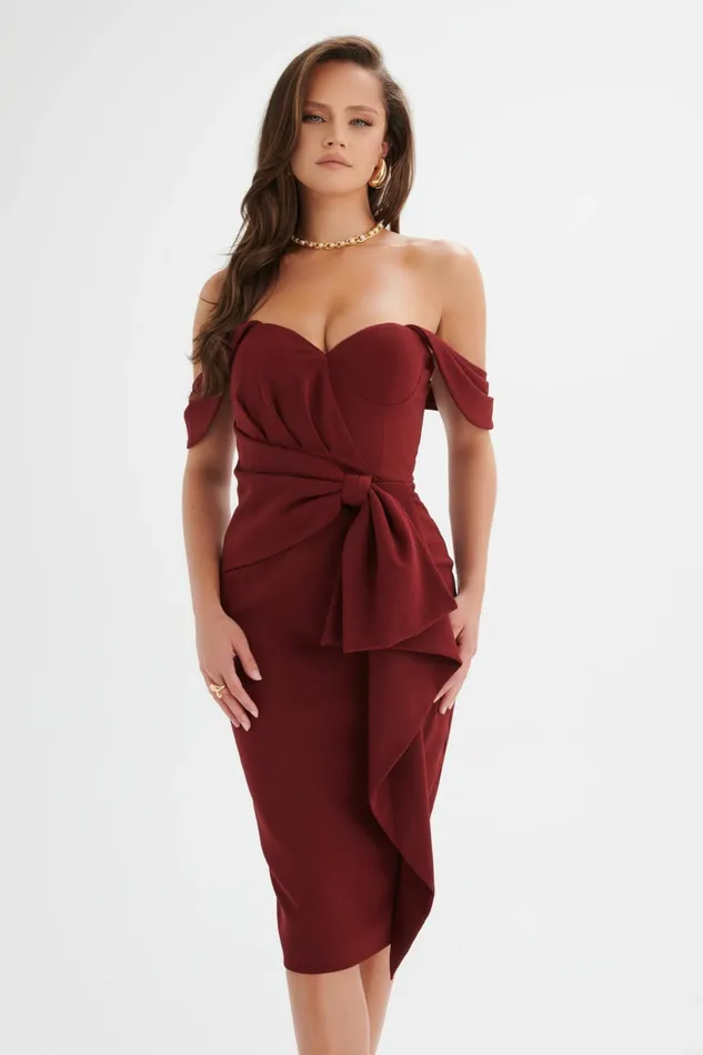 Lavish Alice Bow Dresses LORI Off Shoulder Bow Detail Midi Dress In Burgundy Burgundy 8211 Women