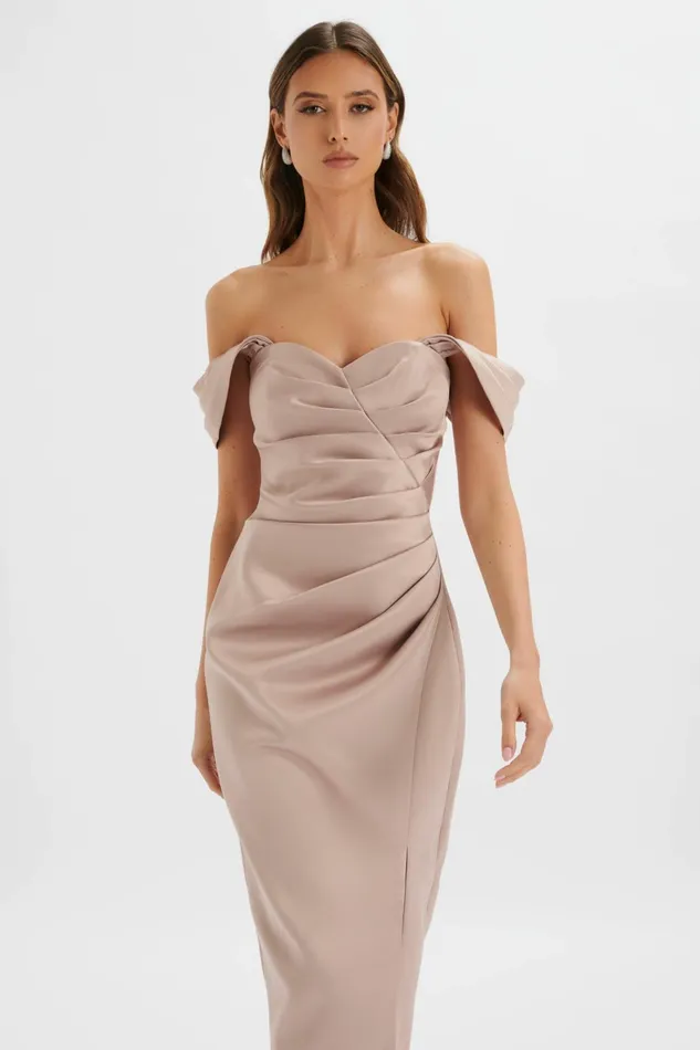 Lavish Alice Bridesmaid KAITLIN Bonded Satin Off Shoulder Maxi Dress In Mink Mink 8211 Women Lavish Alice Bridesmaid KAITLIN Bonded Satin Off Shoulder Maxi Dress In Mink Mink 8211 Women