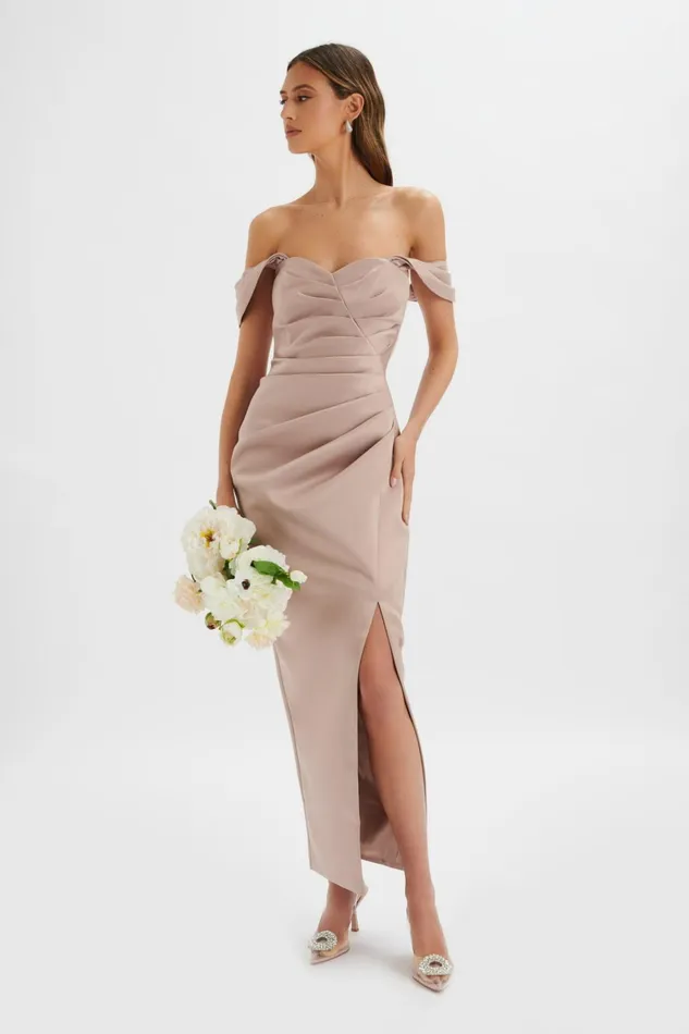 Lavish Alice Bridesmaid KAITLIN Bonded Satin Off Shoulder Maxi Dress In Mink Mink 8211 Women