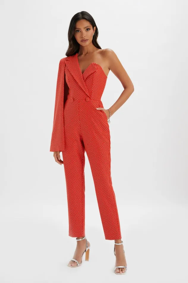 Lavish Alice Cape Dresses MISCHA Crystal Embellished One Shoulder Cape Jumpsuit In Red Red 8211 Women