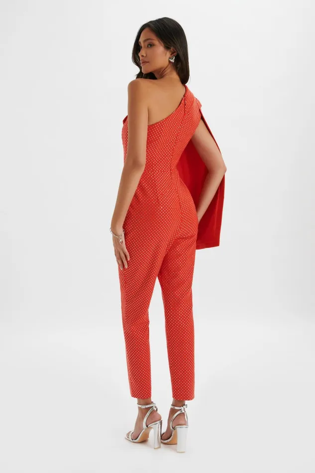Lavish Alice Cape Dresses MISCHA Crystal Embellished One Shoulder Cape Jumpsuit In Red Red 8211 Women
