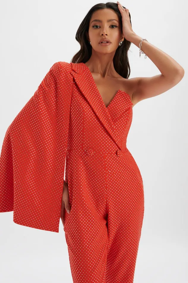 Lavish Alice Cape Dresses MISCHA Crystal Embellished One Shoulder Cape Jumpsuit In Red Red 8211 Women