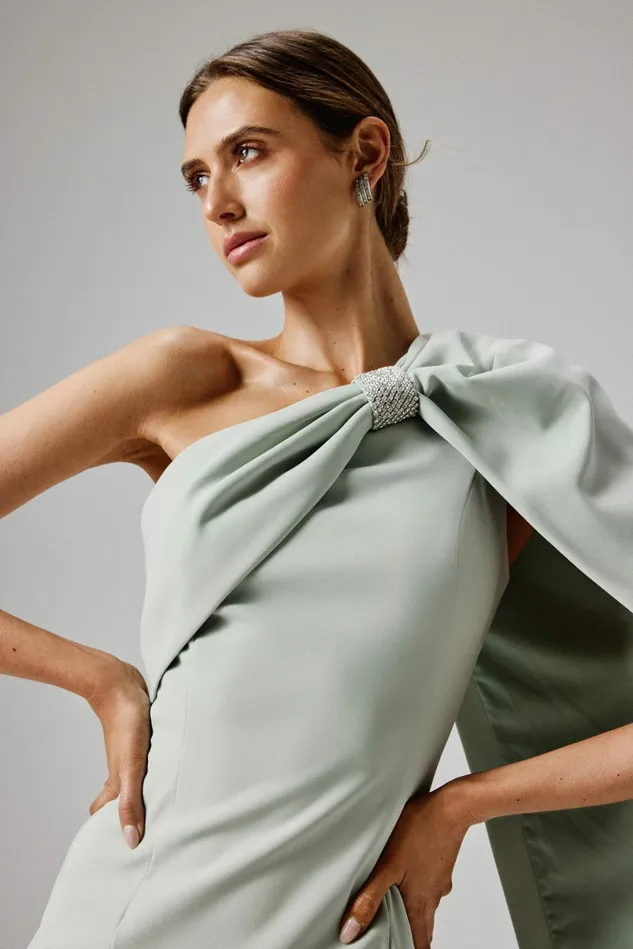 Lavish Alice Cape Dresses TINA One Shoulder Embellished Bow Cape Midi Dress In Sage Green Sage Green 8211 Women Lavish Alice Cape Dresses TINA One Shoulder Embellished Bow Cape Midi Dress In Sage Green Sage Green 8211 Women