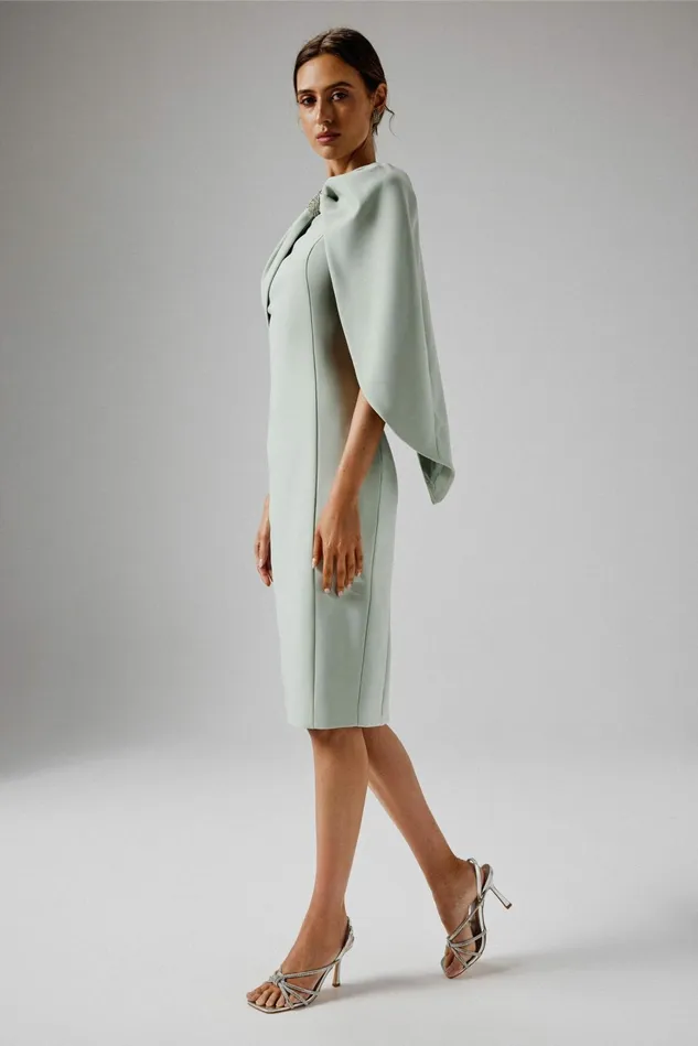 Lavish Alice Cape Dresses TINA One Shoulder Embellished Bow Cape Midi Dress In Sage Green Sage Green 8211 Women