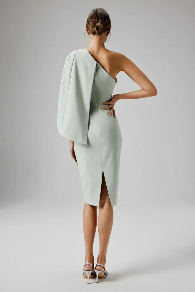 Lavish Alice Cape Dresses TINA One Shoulder Embellished Bow Cape Midi Dress In Sage Green Sage Green 8211 Women