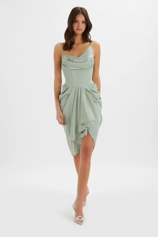 Lavish Alice CowlNeck Dresses SELAH Asymmetric Cowl Neck Draped Midi Dress In Sage Sage 8211 Women Lavish Alice CowlNeck Dresses SELAH Asymmetric Cowl Neck Draped Midi Dress In Sage Sage 8211 Women