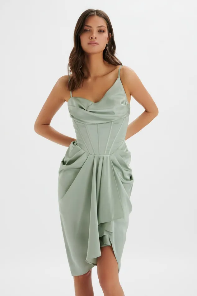 Lavish Alice CowlNeck Dresses SELAH Asymmetric Cowl Neck Draped Midi Dress In Sage Sage 8211 Women