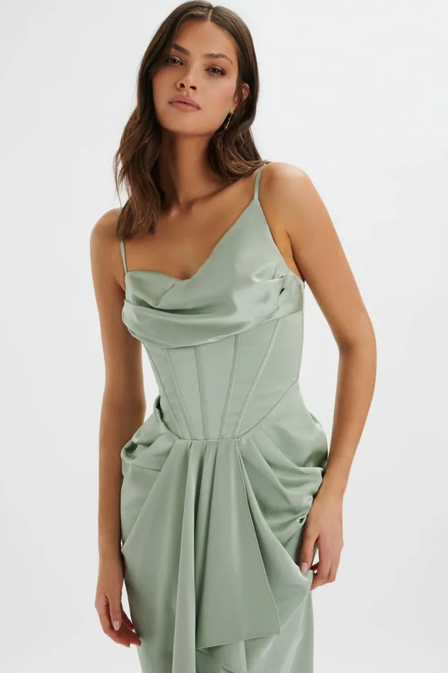 Lavish Alice CowlNeck Dresses SELAH Asymmetric Cowl Neck Draped Midi Dress In Sage Sage 8211 Women