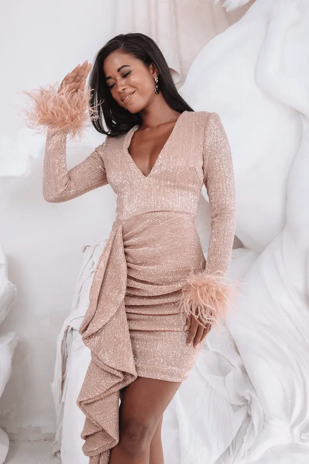 Lavish Alice LongSleeve Dresses APHRODITE Draped Skirt Pleated Sequin Mini Dress In Rose Gold Rose Gold 8211 Women Lavish Alice LongSleeve Dresses APHRODITE Draped Skirt Pleated Sequin Mini Dress In Rose Gold Rose Gold 8211 Women