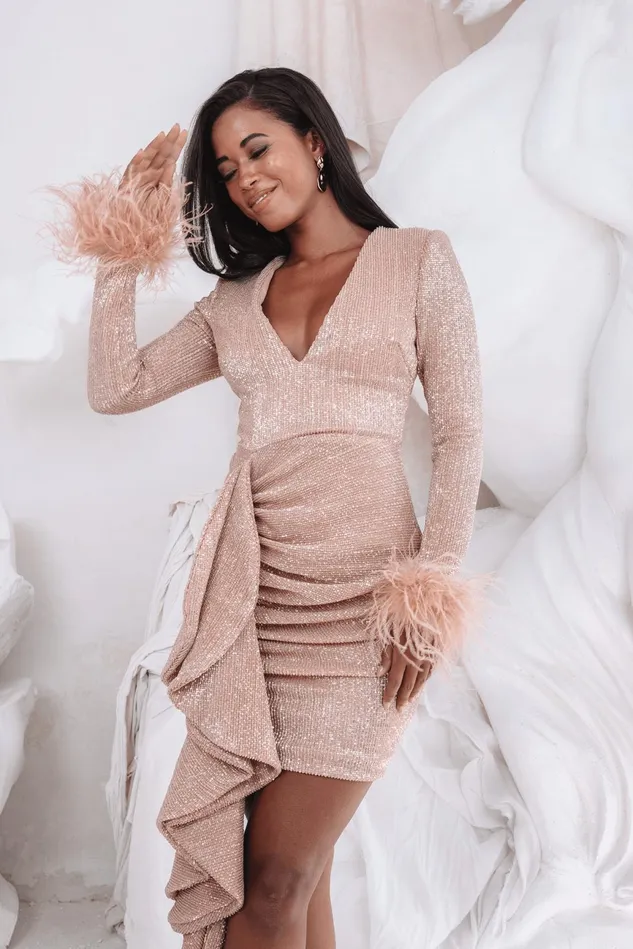 Lavish Alice LongSleeve Dresses APHRODITE Draped Skirt Pleated Sequin Mini Dress In Rose Gold Rose Gold 8211 Women