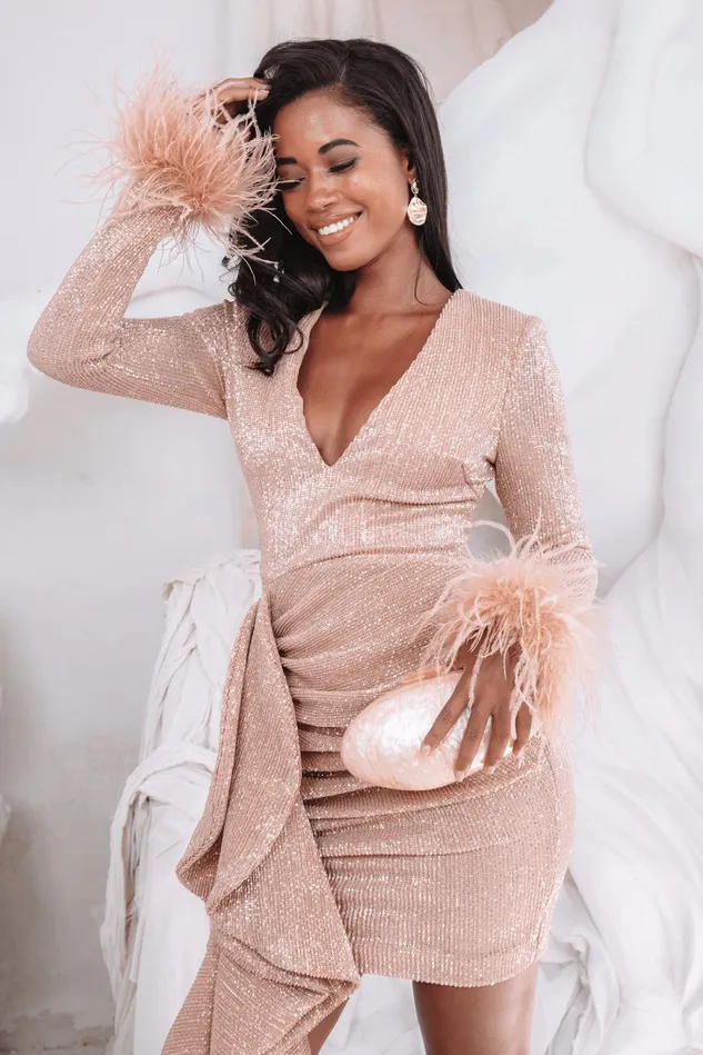 Lavish Alice LongSleeve Dresses APHRODITE Draped Skirt Pleated Sequin Mini Dress In Rose Gold Rose Gold 8211 Women