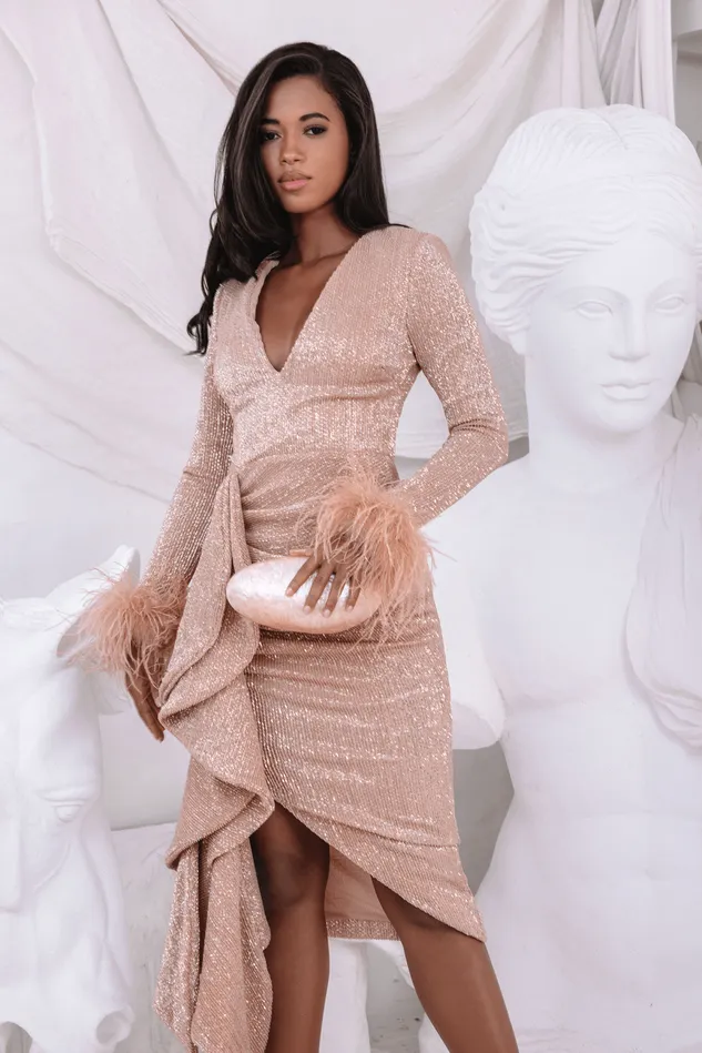 Lavish Alice LongSleeve Dresses ATHENA Draped Skirt Pleated Sequin Midi Dress In Gold Gold 8211 Women Lavish Alice LongSleeve Dresses ATHENA Draped Skirt Pleated Sequin Midi Dress In Gold Gold 8211 Women