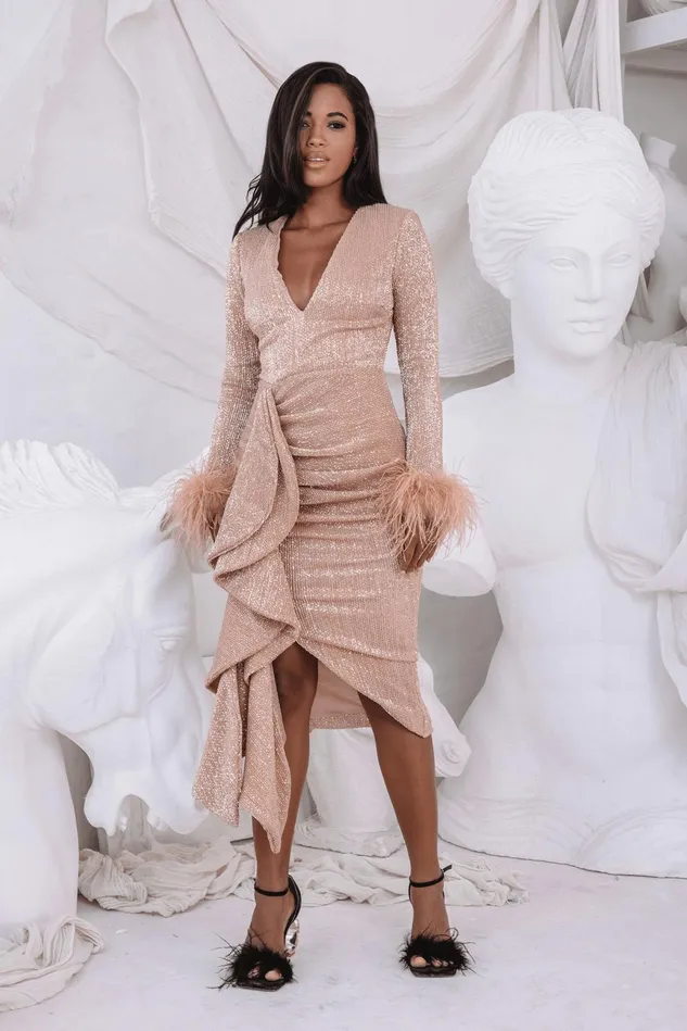 Lavish Alice LongSleeve Dresses ATHENA Draped Skirt Pleated Sequin Midi Dress In Gold Gold 8211 Women