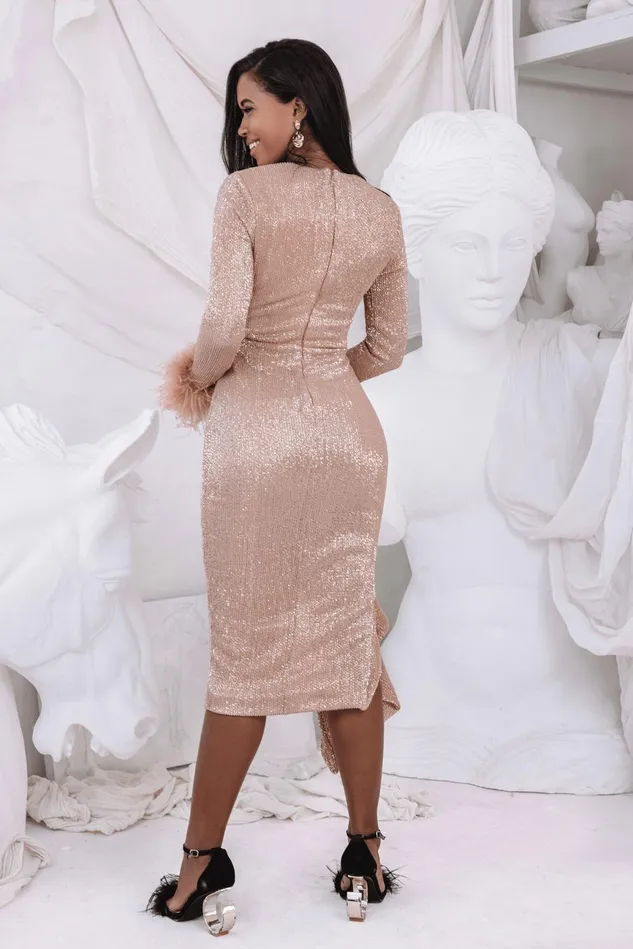 Lavish Alice LongSleeve Dresses ATHENA Draped Skirt Pleated Sequin Midi Dress In Gold Gold 8211 Women