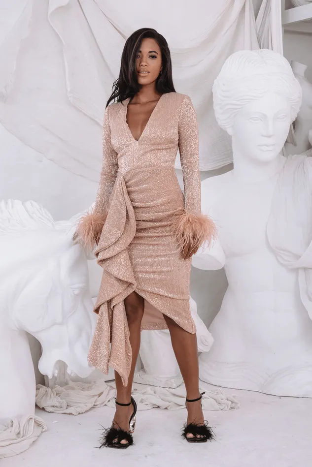 Lavish Alice LongSleeve Dresses ATHENA Draped Skirt Pleated Sequin Midi Dress In Gold Gold 8211 Women