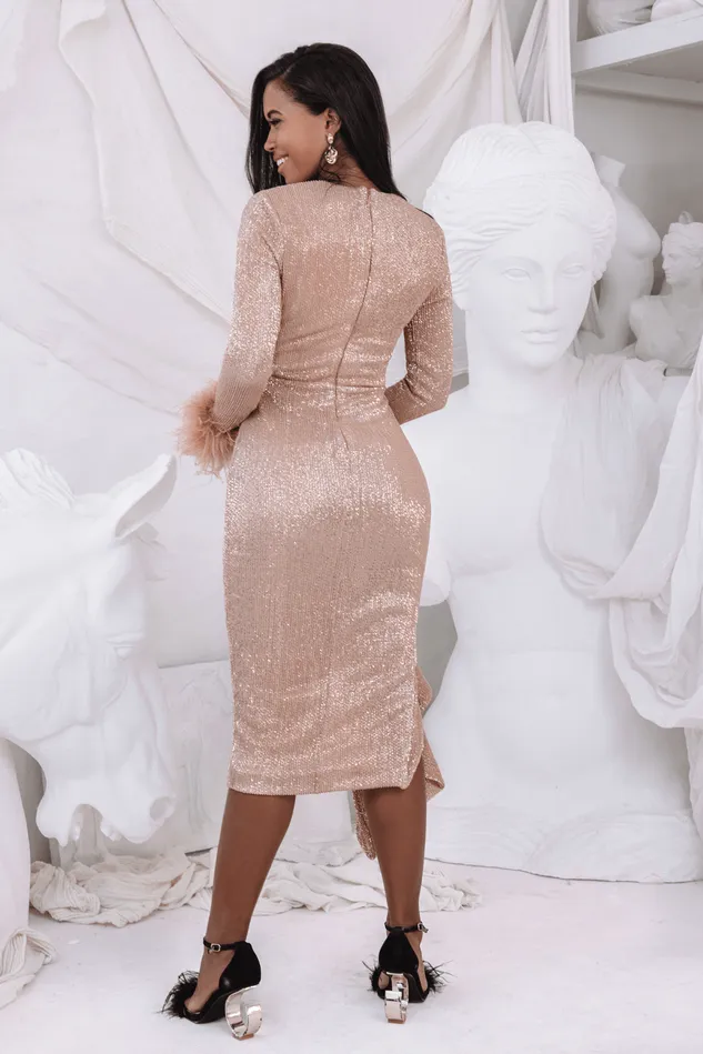 Lavish Alice LongSleeve Dresses ATHENA Draped Skirt Pleated Sequin Midi Dress In Gold Gold 8211 Women