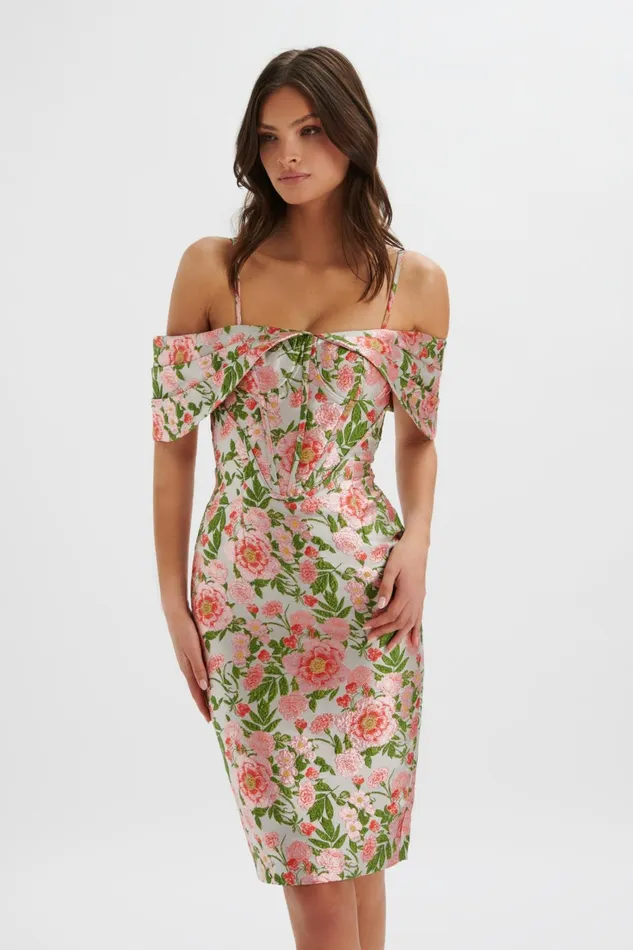 Lavish Alice Off The Shoulder and Bardot ANNALISE Bardot Sleeve Corset Midi Dress In Jacquard Jacquard 8211 Women Lavish Alice Off The Shoulder and Bardot ANNALISE Bardot Sleeve Corset Midi Dress In Jacquard Jacquard 8211 Women