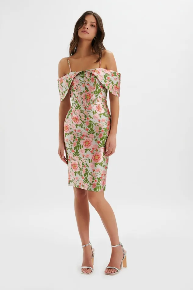 Lavish Alice Off The Shoulder and Bardot ANNALISE Bardot Sleeve Corset Midi Dress In Jacquard Jacquard 8211 Women