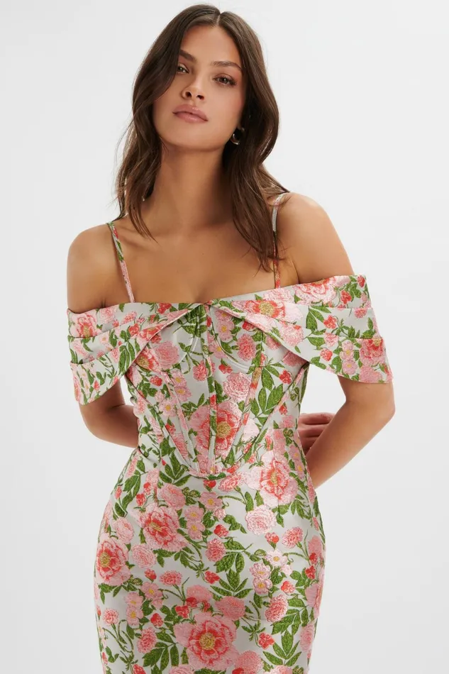 Lavish Alice Off The Shoulder and Bardot ANNALISE Bardot Sleeve Corset Midi Dress In Jacquard Jacquard 8211 Women