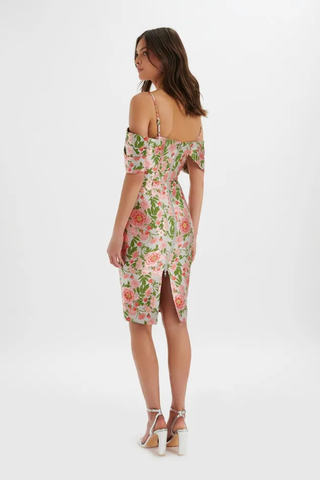 Lavish Alice Off The Shoulder and Bardot ANNALISE Bardot Sleeve Corset Midi Dress In Jacquard Jacquard 8211 Women