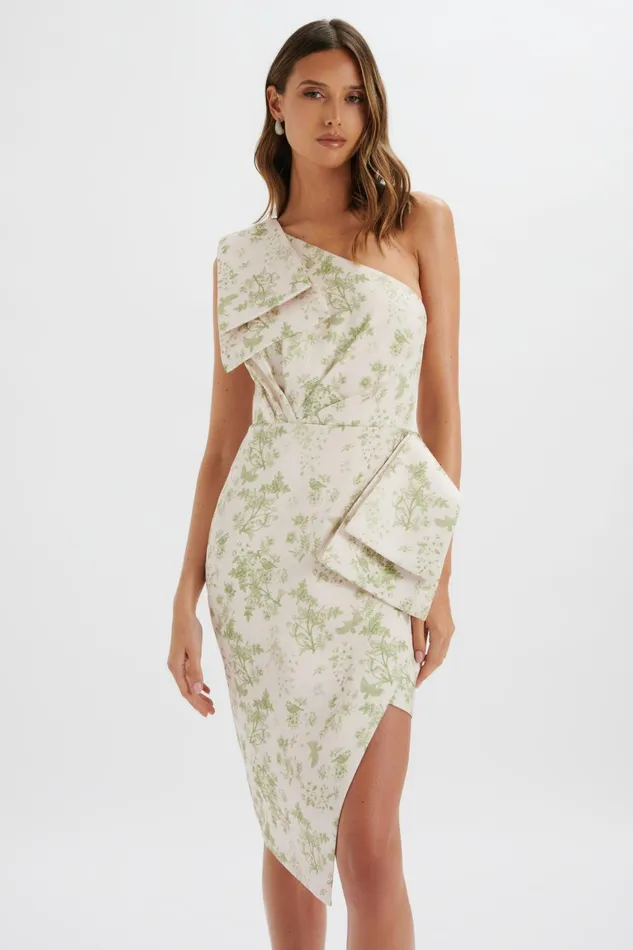 Lavish Alice Off The Shoulder and Bardot BLOOM One Shoulder Bow Detail Satin Midi Dress In Green Porcelain Print Green Porcelain Prin 8211 Women Lavish Alice Off The Shoulder and Bardot BLOOM One Shoulder Bow Detail Satin Midi Dress In Green Porcelain Print Green Porcelain Prin 8211 Women