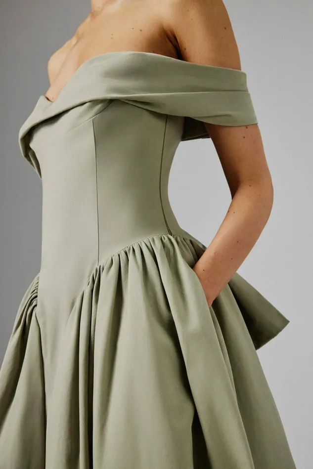 Lavish Alice Off The Shoulder and Bardot EMILY Off Shoulder Volumed Flared Sun Dress In Sage Green Sage Green 8211 Women