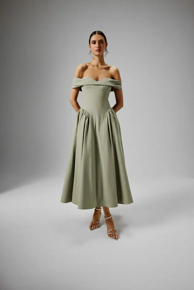 Lavish Alice Off The Shoulder and Bardot EMILY Off Shoulder Volumed Flared Sun Dress In Sage Green Sage Green 8211 Women