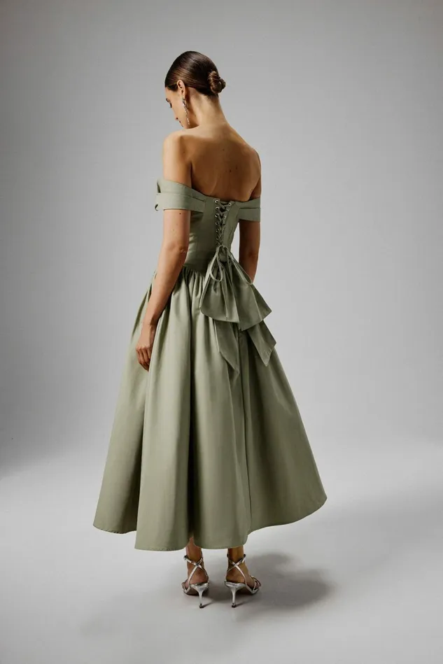 Lavish Alice Off The Shoulder and Bardot EMILY Off Shoulder Volumed Flared Sun Dress In Sage Green Sage Green 8211 Women