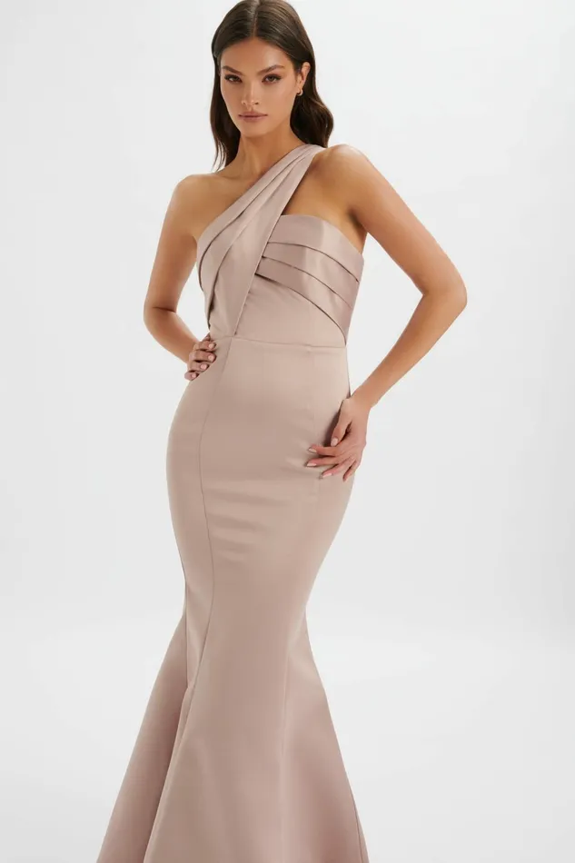 Lavish Alice Off The Shoulder and Bardot SHAILENE Bonded Satin Asymmetric Maxi Dress In Mink Light Pink 8211 Women Lavish Alice Off The Shoulder and Bardot SHAILENE Bonded Satin Asymmetric Maxi Dress In Mink Light Pink 8211 Women