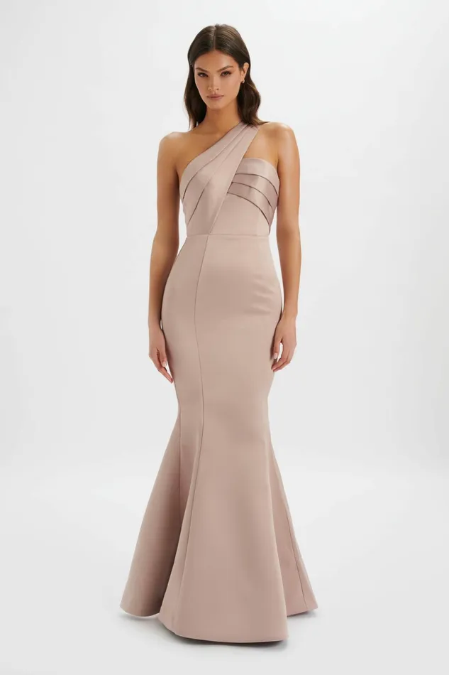 Lavish Alice Off The Shoulder and Bardot SHAILENE Bonded Satin Asymmetric Maxi Dress In Mink Light Pink 8211 Women